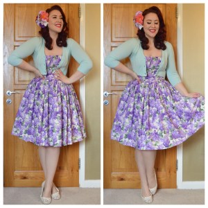 Bernie Dexter Lilac print Paris dress, Pinup Girl Clothing cropped ice blue cardigan, Asda sheer embroidered flats, handmade hair flowers