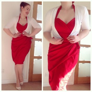 Glamour Bunny Tiki Temptation dress in red, Primark cardigan, Asda sheed embroidered flats