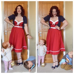 Pinup Girl Clothing Sailor Swing dress in red, old New Look cardigan, bangles eBay & Dorothy Perkins, shoes Everything5pounds.com, babies from my sister, lol