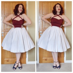 Burgundy Vixen Vondetta top by Doll Me Up Darling, custom white gathered skirt by etsy seller Pinsandneedlespinup, shoes Everything5pounds.com, bangles eBay & Dorothy Perkins