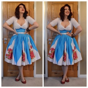 Pinup Girl Clothing Lydia dress in Rose Border print, Primark cardigan, eBay and Dorothy Perkins bangles, handmade flats