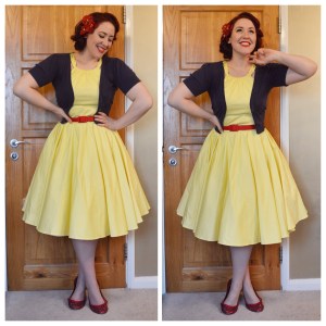 Pinup Girl Clothing Harley dress in yellow, also PUG red belt, old New Look cardigan, flats and hairflower handmade