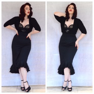 Von Follies longline Her Sexellency bra, Primark cardigan, Pinup Girl Clothing High Waisted Flamenco Mermaid skirt, eBay studded heels