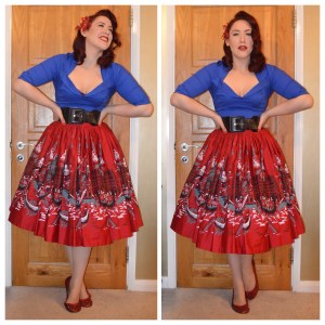 Pinup Girl Clothing Blue Doris top, also PUG Italian Landscape Jenny skirt, old Primark belt, handmade flats and hairflower