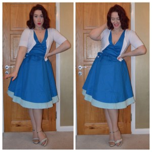 Lindybop Lora dress, Peacocks cardigan, New Look wedges