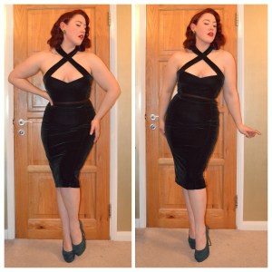 Collectif Penny dress in green velvet, Everything5pounds.com shoes, random skinny belt