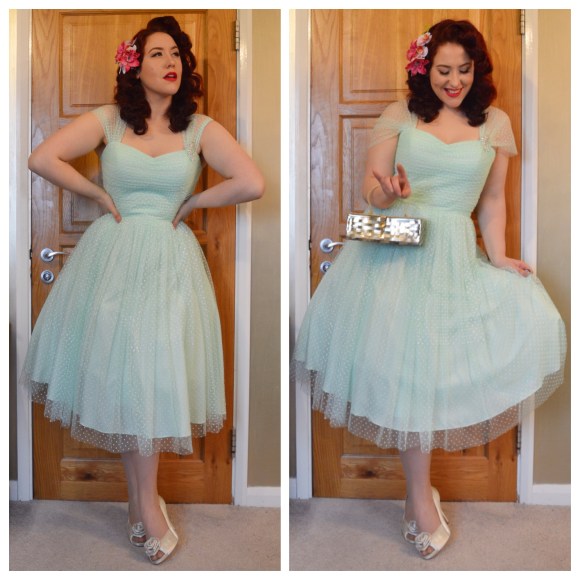Unique Vintage Garden State dress in mint, vintage box purse, old Monsoon heels, handmade hair flowers