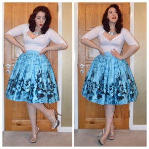 Pinup Girl Clothing white Doris top and Blue Castle priunt Jenny skirt, Aliexpress necklace and handmade bedazzled heels