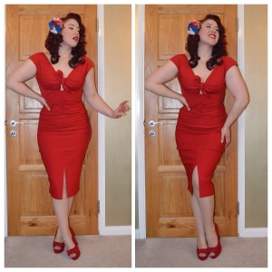 Pinup Girl Clothing Niagara dress in red, Everything5pounds.com red peeptoes, handmade hairflower