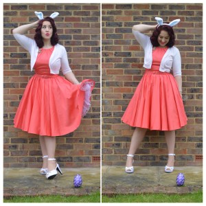 Pinup Girl Clothing Harley dress in Peach, Primark cropped cardigan, Pinup Couture heels