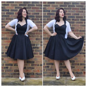 Doll My Up Darling Evening Dress in black, Primark cropped cardigan, handmade ice cream sundae shoes and brooch