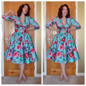 Pinup Girl Clothing Birdie dress in Turquoise and Pink Floral, nude Office heels