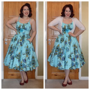 Pinup girl Clothing Ella dress in Blue, Primark cropped Cardigan, handmade bedazzled flats