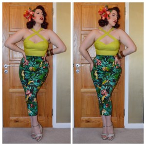Pinup Girl Clothing Voodoo Vixen top in Lime & Laura Byrnes High Waisted Trousers in Parrot Print, New Look Gold wedges, Daisy Jean Floral custom Tiki hairpiece, eBay Bangles