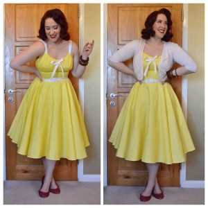 Pinup Girl Clothing Molly dress in Yellow, Handmade bedazzled flats, Peacocks cropped cardigan, eBay bangles