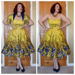 Pinup Girl Clothing Sea Siren Dress and Bolero in Mustard Yellow and Blue, New Look shoes, eBay necklace