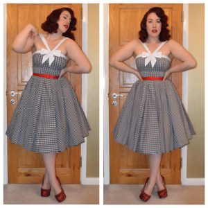 Unique Vintage gingham dress, Pinup Girl Clothing red slide belt, handmade bedazzled heels