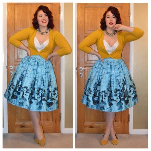 Pinup Girl Clothing Zooey top in white, Jenny Skirt in Blue Castle print and Mustard Cropped Cardigan, eBay necklace and eBay flats