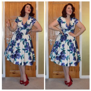 Pinup gGirl Clothing Birdie dress in Blue Vintage Roses print, shoes Everything5pounds.com