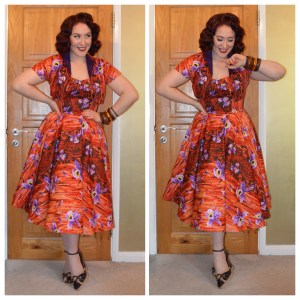 Pinup Girl Clothing Orange Hawaiian Hideaway dress, ebay bangles, old Very.co.uk wedges