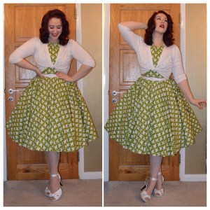 Pinup Girl Clothing Olive and white Fleur De Lis Harley dress, Primark cardigan, Pinup Girl Clothing Bettie heels in Ivory