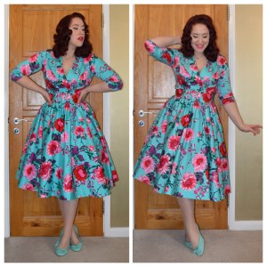 Pinup Girl Clothing Turquoise and Pink Birdie dress, New Look ballet flats