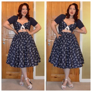 Pinup Girl Clothing Renee dress in anchor print, old New Look cropped cardigan, Pinup Girl Clothing Bettie heels in Ivory