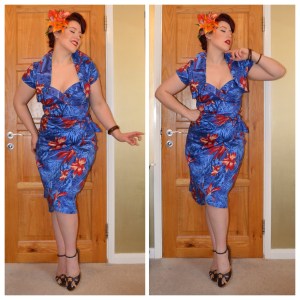 Pinup Girl Clothing Blue Malibu Tiki dress, Daisy Jean Florals custom tiki hair piece, eBay bangles, old Very.co.uk wedges