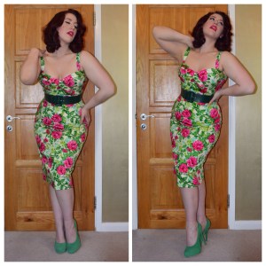 Pinup Girl Clothing Vamp dress in Cream Floral with matching belt, Truffle heels