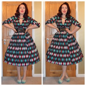 Pinup Girl Clothing Turquoise Harlequin print Lauren top and Jenny skirt, old eBay belt, Truffle heels, eBay necklace