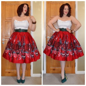 All Pinup Girl Clothing white Vintage Bustier top, green belt from Deadly Dames Cream Floral Vamp dress, Italian Landscape Jenny skirt, and Everything5pounds.com heels, eBay mixture wooden bangles