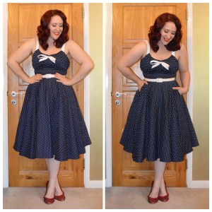 Pinup Girl Clothing navy Molly dress, handmade red bedazzled ballet flats