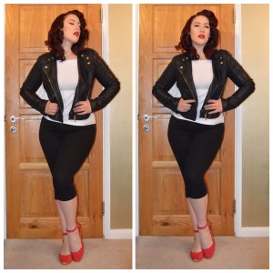 New Look cropped faux leather jacket, Primark off the shoulder top, old Very.co.uk cropped black jeans, Tesco F&F Red Espadrille Wedges