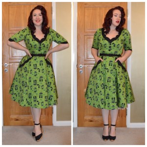 Voodoo Vixen Katnis dress, Pinup Girl Clothing slide belt, Tesco F&F Black Espadrille wedges