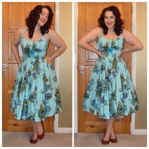 Pinup Girl Clothing blue Ella dress, handmade red bedazzled ballet flats