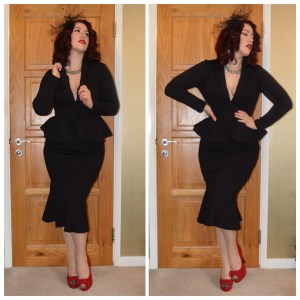 Heart of Haute Diva Jacket and skirt, ebay Necklace, ebay fascinator, everything5pounds.com red heels