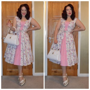 Love Ur Look floral Picnic dress, Pinup Girl Clothing white Wicker handbag, old New Look wedges