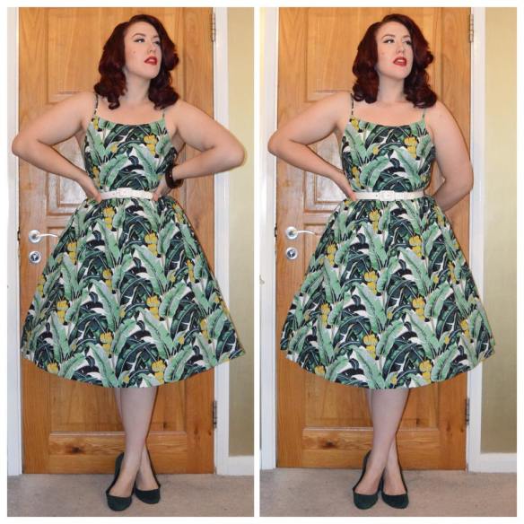 Banana Leaf Marlene Dress by Lindy Bop, Pinup girl Clothing White Grommet belt, old H&M green ballet flats