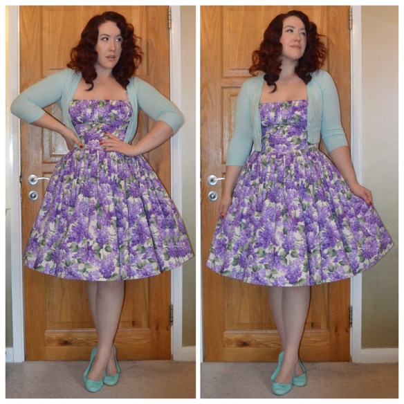 Lilacs print Paris dress by Bernie Dexter, Ice blue cropped cardigan from Pinup Girl Clothing, ice blue ballet flats from New Look