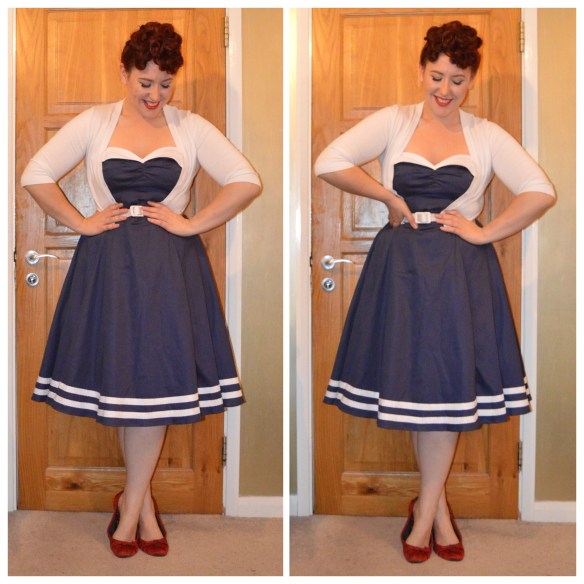 Sailor Ginger dress by Collectif, Cropped White cardigan by New Look, old red ballet flats from Accessorize