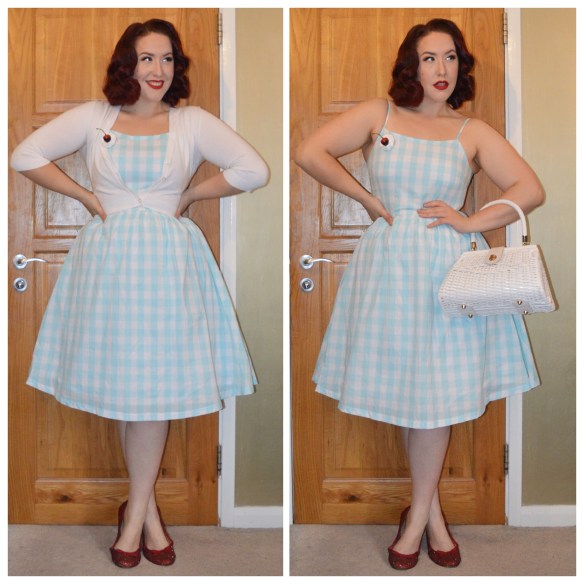 Gingham Marlene dressb Lindy Bop, white cropped cardigan by New Look, White Wicker bag by Pinup Girl Clothing, Cherry Cream brooch handmade by me, red bedazzled flats by me (tutorial here)