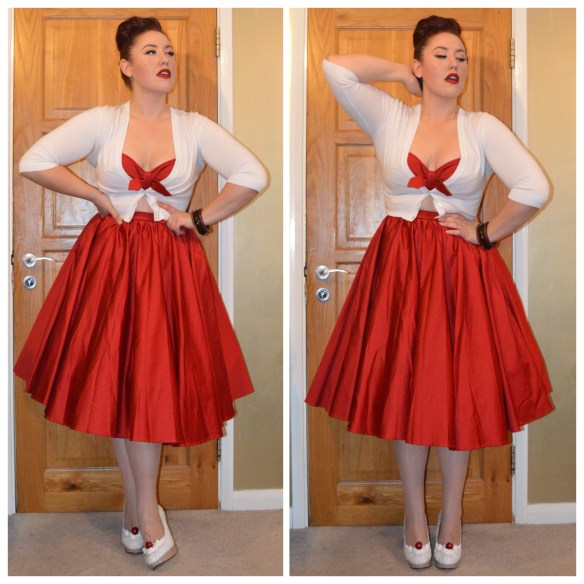 Red Renee dress by Pinup Girl Clothing, white cropped cardigan from New Look, Ice cream Sundae shoes by me (tutorial here) Assorted bangles eBay
