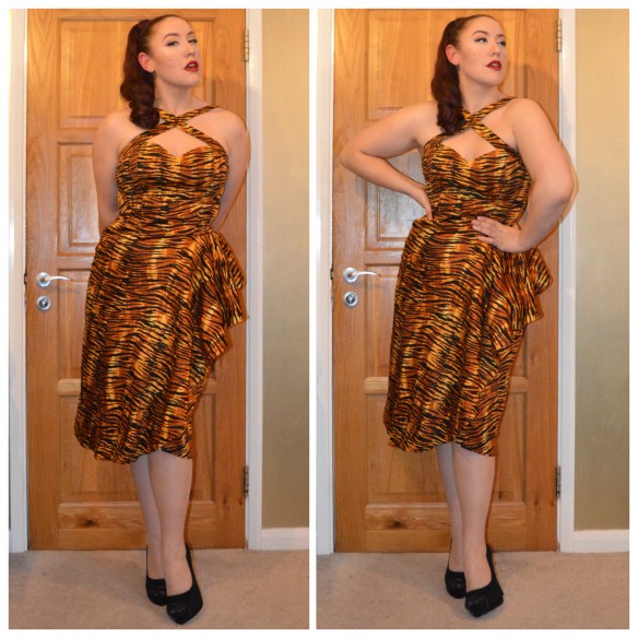 Tiger Print Voodoo Vixen Dress by Pinup Girl Clothing, Black heels from everything5pounds.com, fake ponytail from eBay