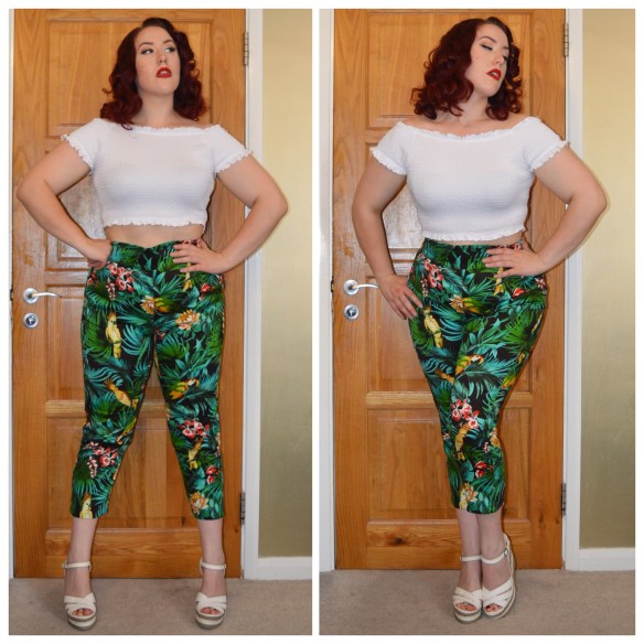 White crop top from Primark, discontinued High Waisted Trousers in Parrot Print from Pinup Girl Clothing, old New Look wedges