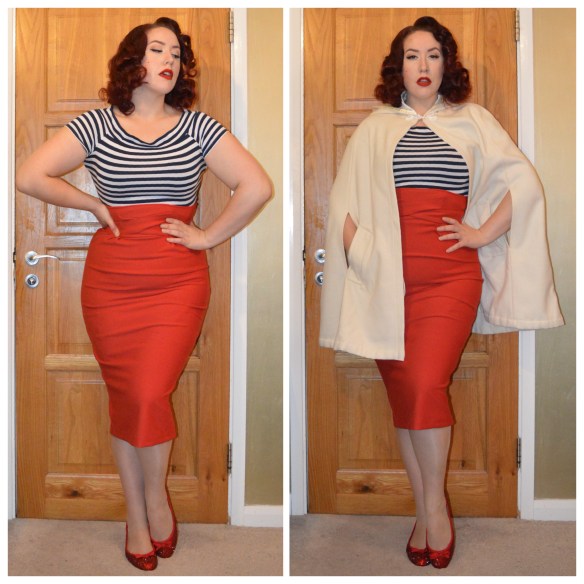 Striped bardot top from Primark, Red Vicki skirt by Tatyana, Cream Carolina Cape by Tara Starlet, red bedazzled flats by me (tutorial here)