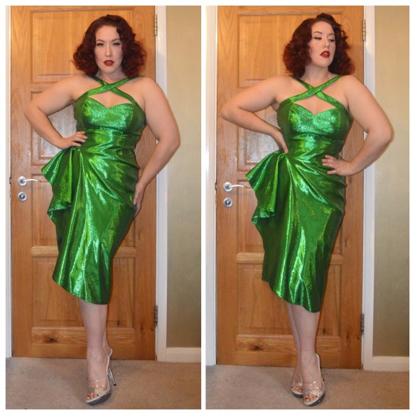 Green Lamé Voodoo Vixen dress by Pinup Girl Clothing, Pleaser heels bedazzled by me with tutorial here