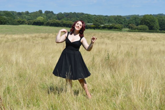 Goldie's Clothing Maria Flared Swing Dress Black Rice Dot Sheer Overlay