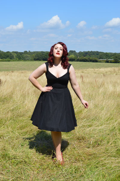 Goldie's Clothing Maria Flared Swing Dress Black Rice Dot Sheer Overlay