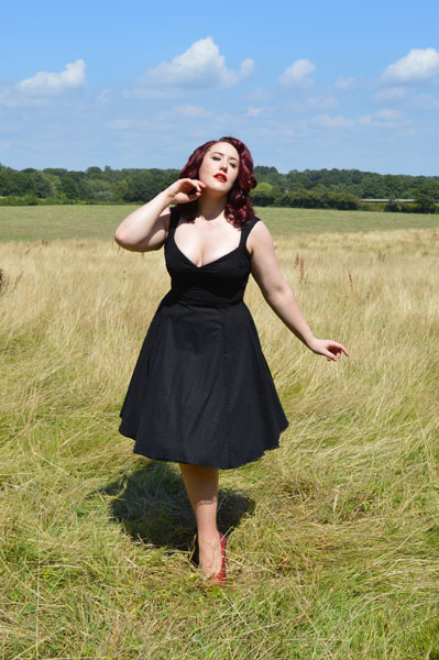 Goldie's Clothing Maria Flared Swing Dress Black Rice Dot Sheer Overlay