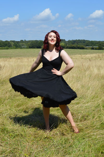 Goldie's Clothing Maria Flared Swing Dress Black Rice Dot Sheer Overlay